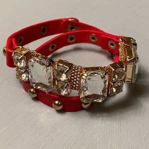 Red Faux Leather & Rhinestone Studded Wrap Bracelet
